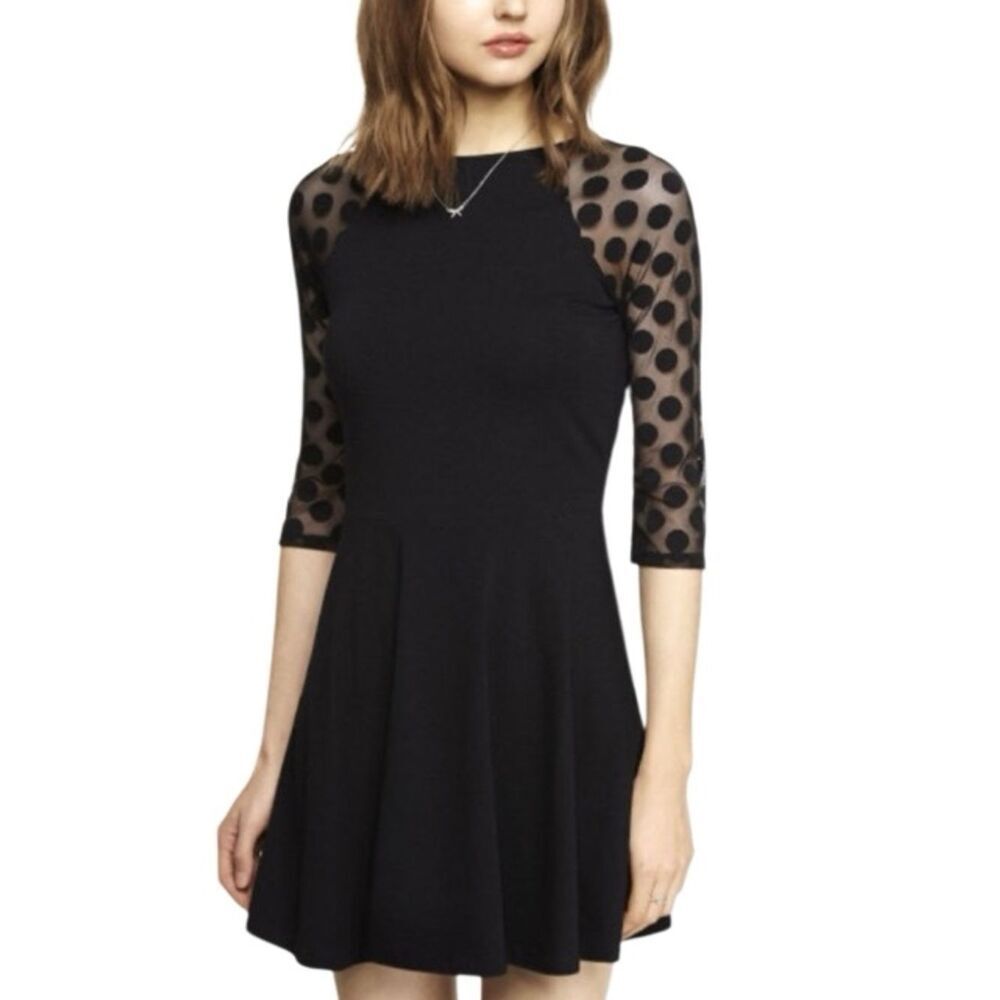 Express Dotted Mesh Raglan Sleeve Skater Dress Black Size Small